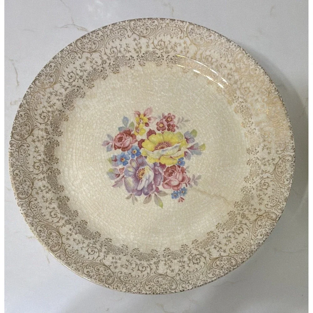 Ivory & Gold Floral Scroll Rim Round Ceramic Glossy set (see pics for quantity)